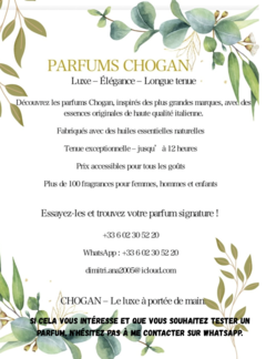 Bonjour, je vends des parfums de qualité composés à 30 % d'essence de parfum, 70 % d'alc